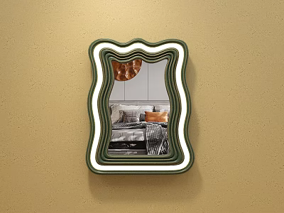 Modern Wavy Frame Mirror With Green White Lines LED Lights Reflecting Bedroom On Wall 3d model