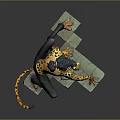 Humanoid Leopard With Yellow Spotted Fur Black Pants Blue Arm Tattoo Crouching On Stone Platform