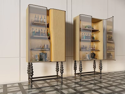 Modern Wine Cabinet With Glass Doors Wooden Structure Metal Legs And Wine Bottles 3d model