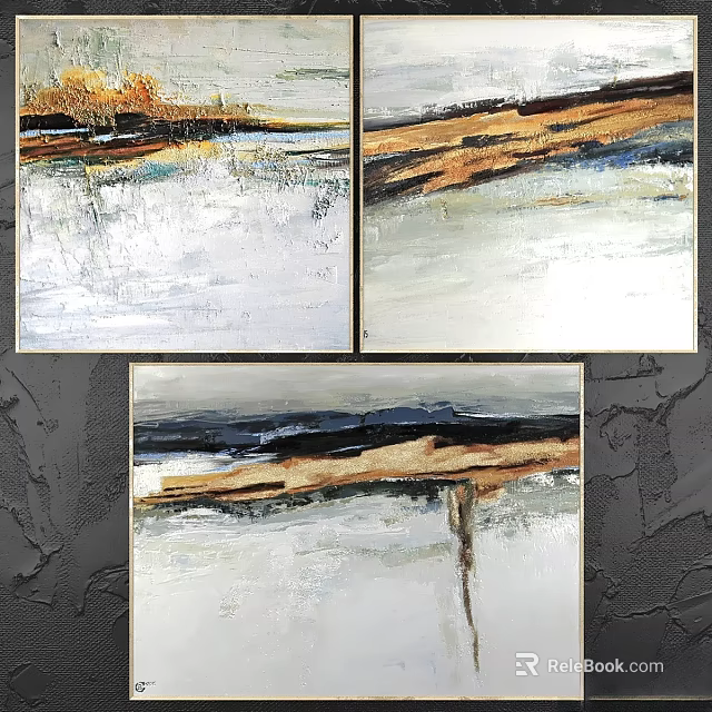 Modern Picture Frames with Abstract Paintings in White Brown Blue Hues and Slim Metal Frames 3d model 