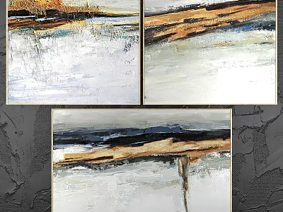Modern Picture Frames with Abstract Paintings in White Brown Blue Hues and Slim Metal Frames 3d model