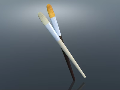 Two Crossed Paintbrushes Featuring Yellow Beige Tips And White Brown Handles On Gray Reflective Surface 3d model