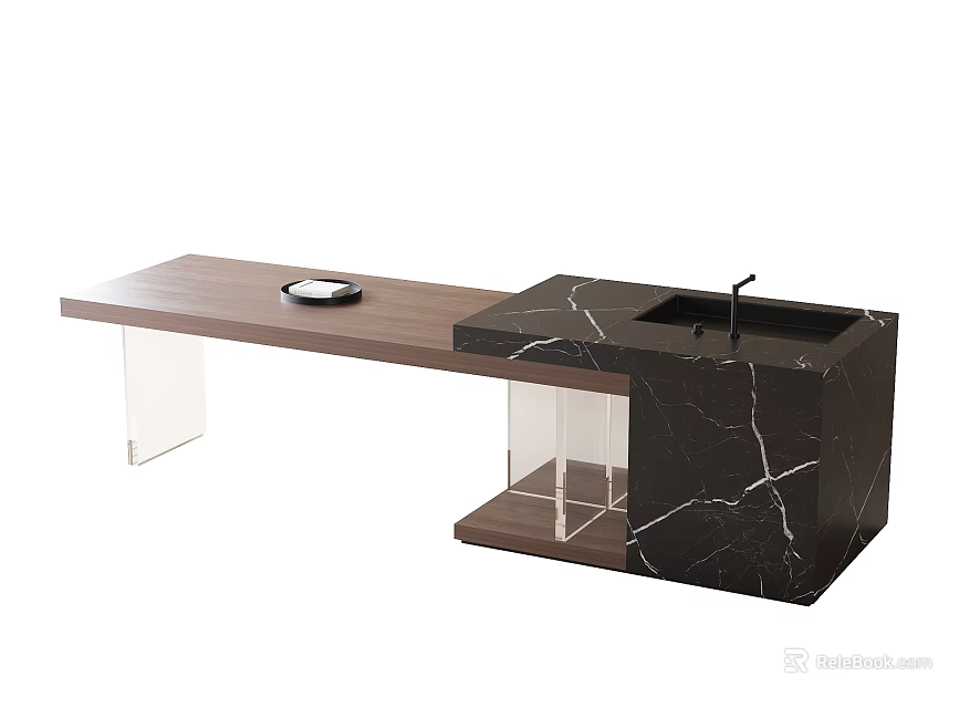 Modern Dining Table With Wooden Top Black Marble Countertop And Clear Acrylic Legs 3d model 