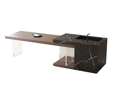 Modern Dining Table With Wooden Top Black Marble Countertop And Clear Acrylic Legs 3d model