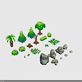 Wooden and Stone Elements with Various Trees Shrubs Rocks and Natural Shapes