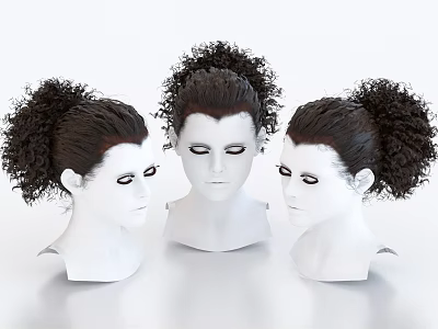 Decorative Ornament Set Featuring Three White Head Models With Dark Curly Ponytail Hairstyle 3d model