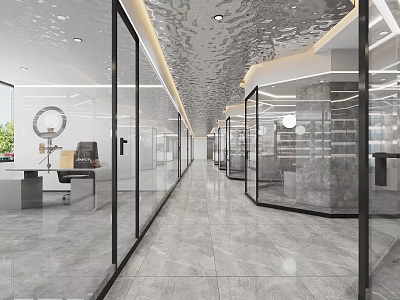 Modern Public Office Space With Glass Partitions Corridor Desks Bookshelves And Marble Flooring 3d model