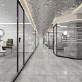 Modern Public Office Space With Glass Partitions Corridor Desks Bookshelves And Marble Flooring