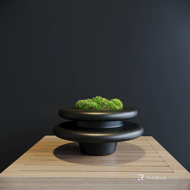Small Green Moss Bonsai Potted Plant With Black Layered Pot On Wooden Table Dark Background 3d model 