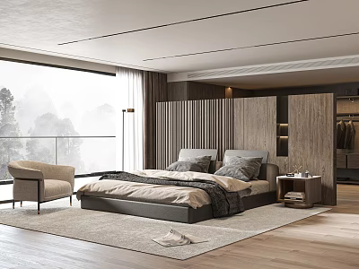 Modern Bedroom Interior With Platform Bed Wooden Wardrobe Large Window And Cozy Chair 3d model