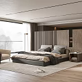 Modern Bedroom Interior With Platform Bed Wooden Wardrobe Large Window And Cozy Chair