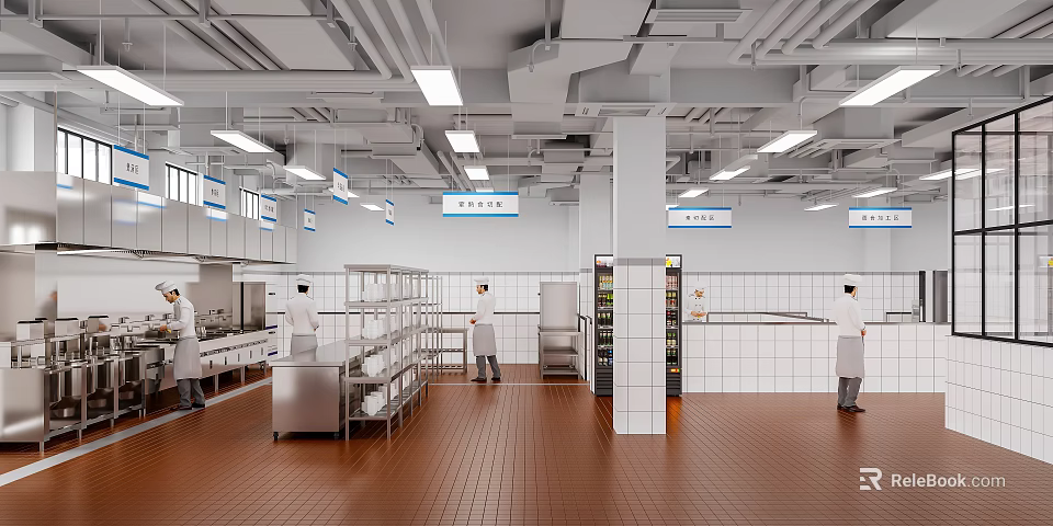 Bright Commercial Kitchen Interior With Stainless Steel Equipment Tile Floor Hanging Signs And Working Chefs 3d model 