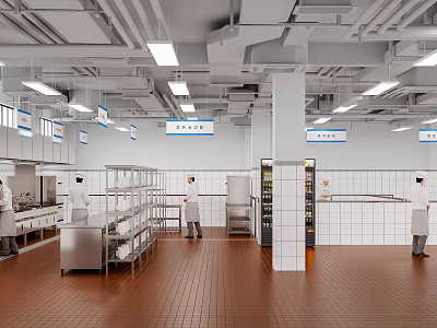 Bright Commercial Kitchen Interior With Stainless Steel Equipment Tile Floor Hanging Signs And Working Chefs 3d model