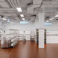 Bright Commercial Kitchen Interior With Stainless Steel Equipment Tile Floor Hanging Signs And Working Chefs