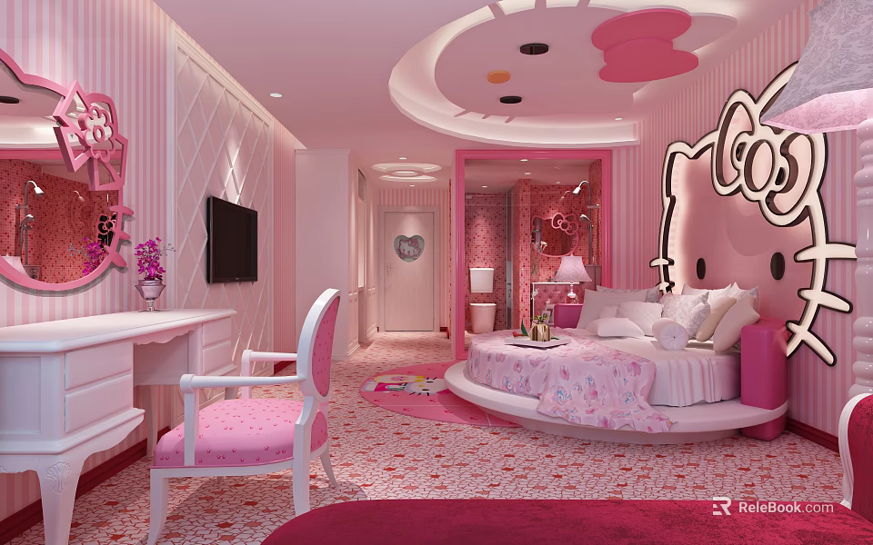 Hello Kitty Theme Pink Hotel Room With Round Bed And Cute Furniture Decor 3d model 