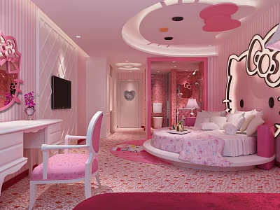 Hello Kitty Theme Pink Hotel Room With Round Bed And Cute Furniture Decor 3d model