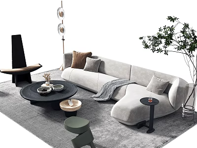 Modern Light Gray Sofa and Coffee Table Set with Throw Pillows Black Round Table and Green Plant 3d model