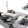 Modern Light Gray Sofa and Coffee Table Set with Throw Pillows Black Round Table and Green Plant