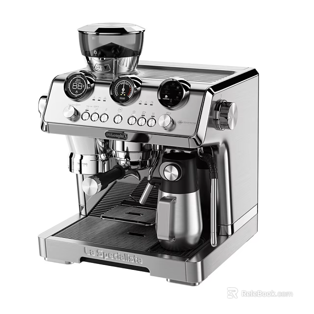 Modern Silver Coffee Machine As Kitchen Appliance With Control Knobs And Grinder 3d model 