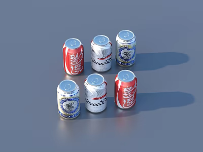 Six Red and White Carbonated Beverage Cans Arranged on Gray Surface 3d model