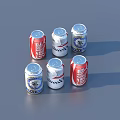 Six Red and White Carbonated Beverage Cans Arranged on Gray Surface 3d model