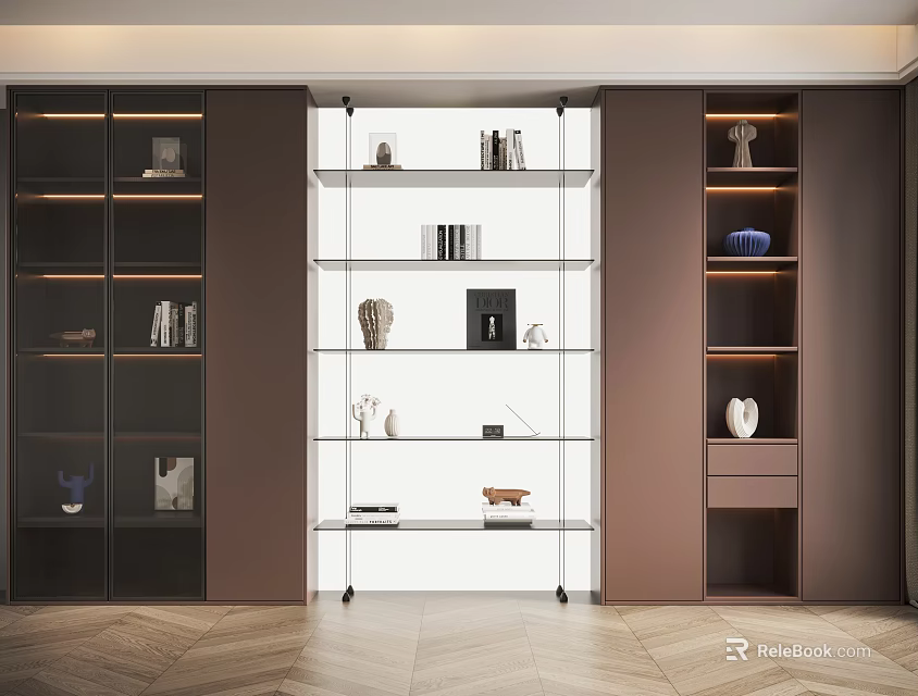 Modern Glass Bookcase With Dark Brown Cabinets Featuring Books Decorative Sculptures And Ornaments 3d model 