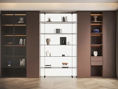 Modern Glass Bookcase With Dark Brown Cabinets Featuring Books Decorative Sculptures And Ornaments 3d model
