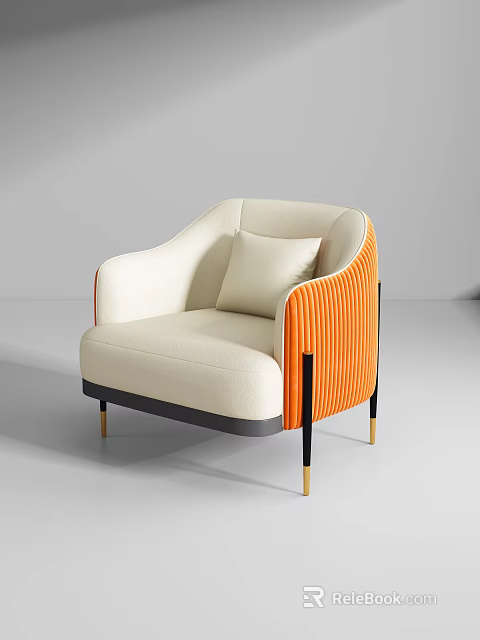 Modern Single Sofa with Beige Upholstery Orange Striped Accents Black Legs Gold Base and Cushion 3d model 