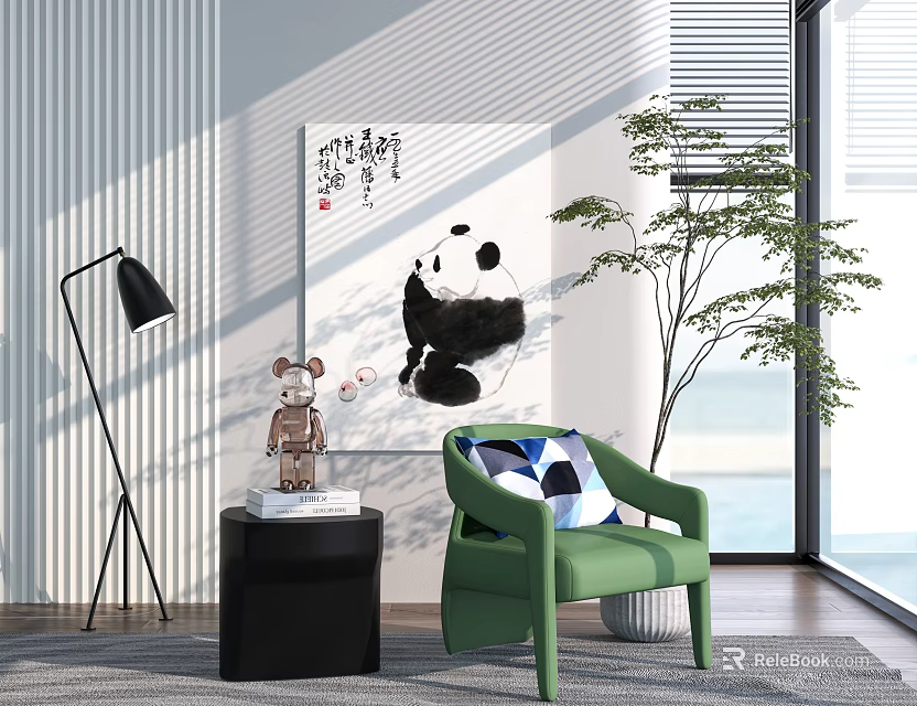 Panda Animal Painting In Modern Living Room With Green Chair Floor Lamp And Plant 3d model 