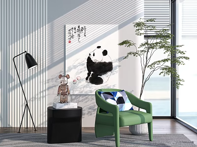 Panda Animal Painting In Modern Living Room With Green Chair Floor Lamp And Plant 3d model