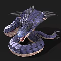 3D Rendered Blue Scaled Serpent With Horns Spikes And Open Mouth Fantasy Mythical Creature Design