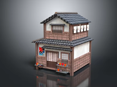 Cartoon Scene Of Traditional Japanese Two Story House With Black Tile Roof And Wooden Structure 3d model