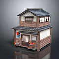 Cartoon Scene Of Traditional Japanese Two Story House With Black Tile Roof And Wooden Structure
