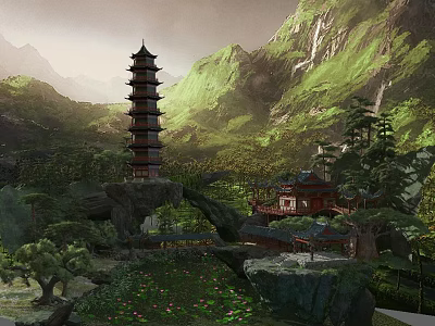 Traditional Pagoda In Green Mountainous Landscape With Temple Buildings And Lush Forest 3d model