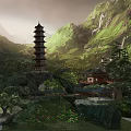 Traditional Pagoda In Green Mountainous Landscape With Temple Buildings And Lush Forest