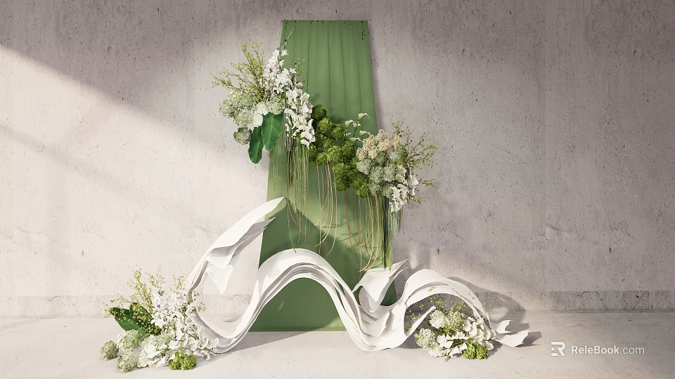 Elegant Decorative Setup With White Wavy Decor Green Curtain And White Flowers On Gray Wall 3d model 
