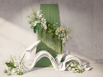 Elegant Decorative Setup With White Wavy Decor Green Curtain And White Flowers On Gray Wall 3d model