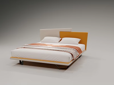 Modern Double Bed with Orange and White Headboard White Mattress Two Pillows and Patterned Blanket 3d model