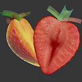 Fresh Strawberry Cut into Two Halves with Green Leaves on Dark Background with Glossy Surface