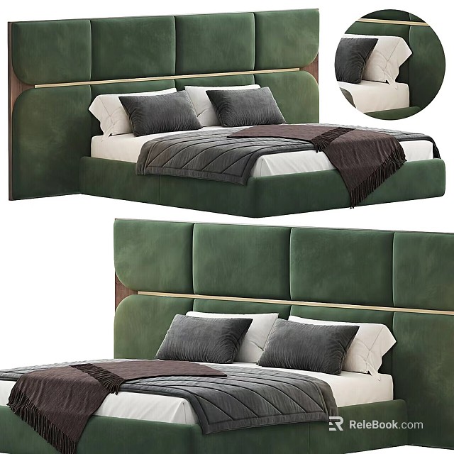 Double Bed with Green Velvet Headboard Gold Trim Gray Pillows White Sheets and Dark Blanket 3d model 