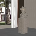 Elegant Sculpture Bust With Conical Hat On Stone Pedestal In Modern Indoor Space With Plant