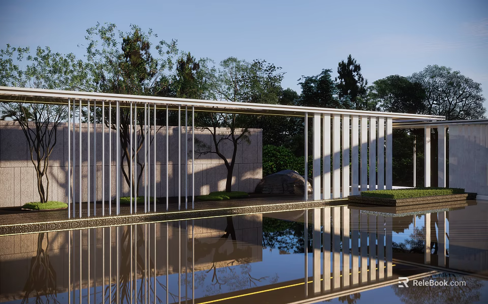Modern White Slatted Pergola with Water Reflection and Green Trees in Garden 3d model 