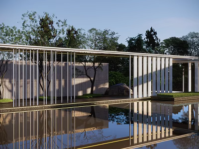 Modern White Slatted Pergola with Water Reflection and Green Trees in Garden 3d model