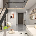 Modern Apartment Open Living Dining Kitchen Layout With Sofa Coffee Table And Decorative Painting