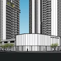 Urban Commercial Complex with High Rise Buildings Landscaped Plaza Greenery and Parking Vehicles