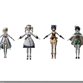 Four Anime Characters With Distinct Colorful Costumes And Detailed Outfit Designs