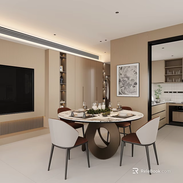 Modern Restaurant Interior With Round Dining Table White Brown Chairs And Decorative Artwork 3d model 