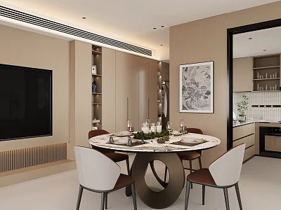 Modern Restaurant Interior With Round Dining Table White Brown Chairs And Decorative Artwork 3d model