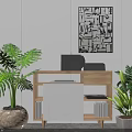 Wooden And White Decorative Cabinet With Green Plants Books Laptop And Black White Geometric Painting