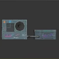 Graffiti Style Teal Computer Device With Two Part Fan Buttons Circular Ports And Connecting Tube